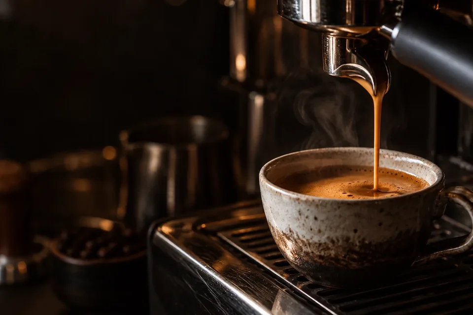 Espresso pouring into a handmade ceramic cup