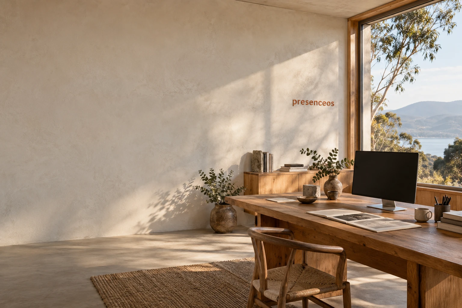 Illustrative sunlit creative workspace with warm timber and a view of Tasmanian bushland